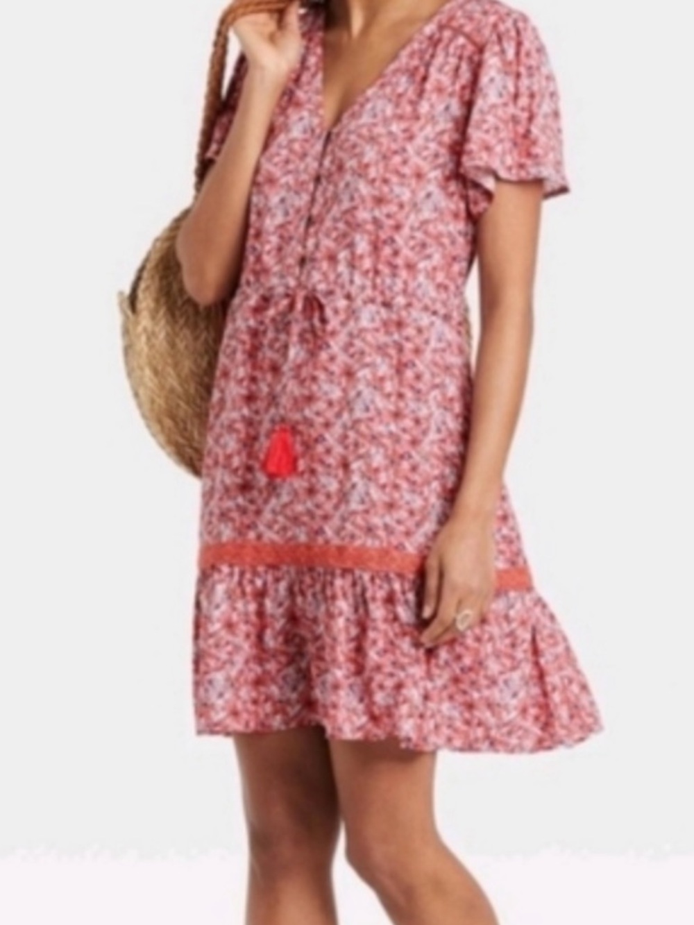 Knox Rose Floral Dress in Red and White With Tassel S-M